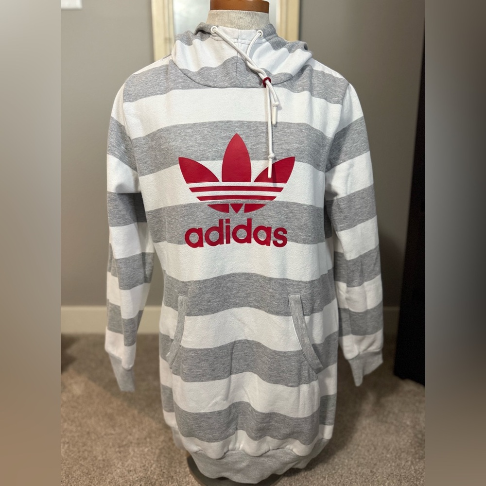 Adidas Women’s Originals Red Logo Gray and White Striped Long Hoodie size large